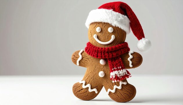 Festive gingerbread man wearing red Santa hat and knitted scarf for Christmas
