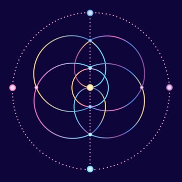 Futuristic colorful geometric symbol inspired by sacred geometry, cosmic energy and interconnected orbital forms.