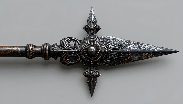 Ancient forged iron spearhead with ornate historical metalwork details