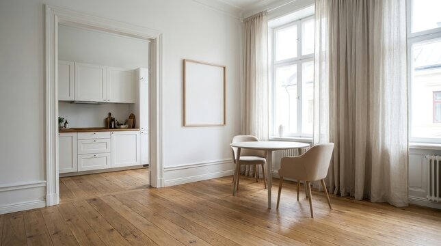 Bright and airy dining room interior with a blank picture frame on the wall.