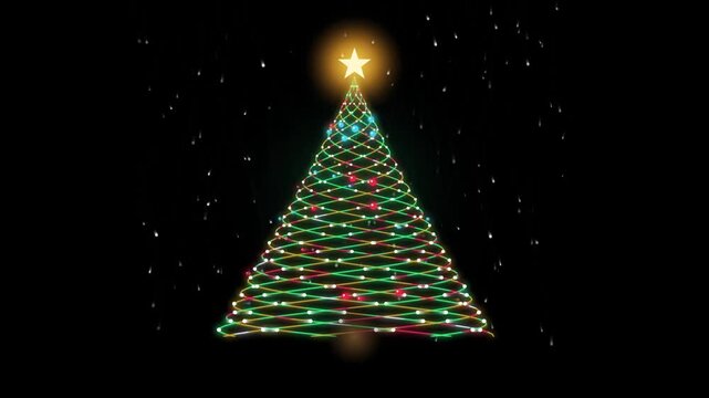 Glowing christmas tree made of colorful string lights on a black background