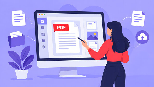 Woman editing PDF document on computer screen illustration