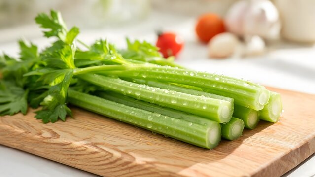 Fresh Green Celery Stalks with Water Drops on Wooden Cutting Board