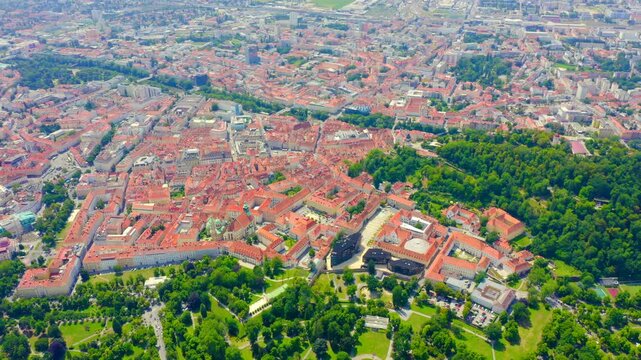 Graz, Austria. The historic city center Drone footage. Mount Schlossberg (Castle Hill). Drone footage, Point of interest