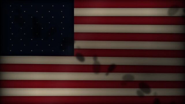 Dark American flag with grunge texture and mysterious floating shapes overlaying the stars and stripes pattern background