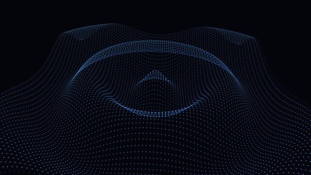 Undulating blue digital mesh wave surface made of connected glowing points that ripple smoothly like a liquid data field under soft ambient lighting