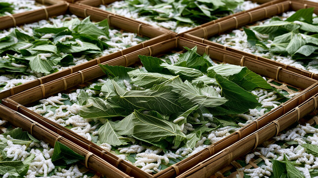 AI-generated images of a silkworm farm, showing a farmer feeding mulberry leaves to the silkworms.
