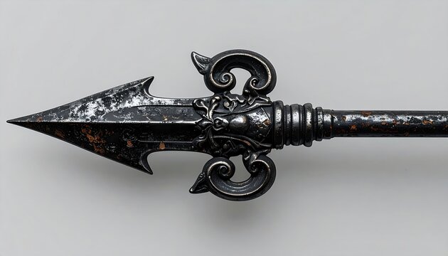 Ancient forged iron spearhead with ornate historical metalwork details