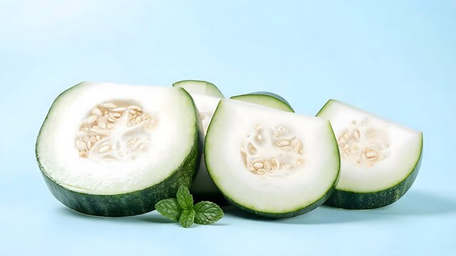 Fresh Winter Melon Slices with Mint on Blue Background