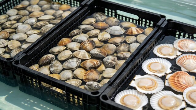 Fresh Scallops in Trays at a Seafood Farm