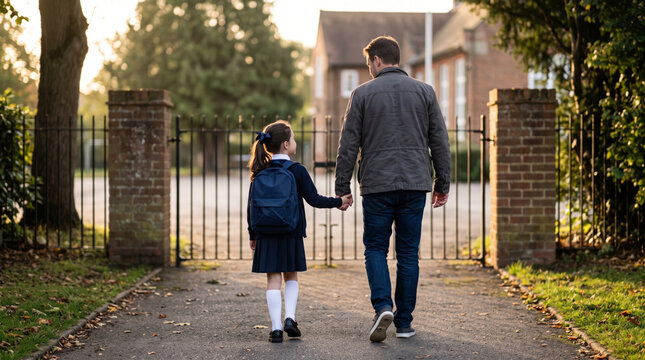 Father holds daughter's hand walking towards school gate at sunset with backpack and uniform