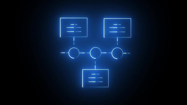 Blue neon glowing flowchart diagram with boxes and circles on a dark background