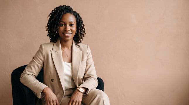 Confident Black Woman in Business Suit Sitting in Chair Smiling