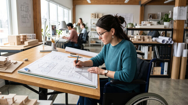 Architectural designer in wheelchair works on blueprints at desk with models in modern office