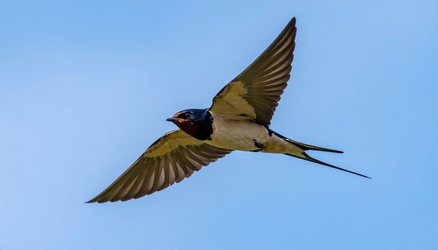 Barn swallow flying overhead with detailed wing plumage and long forked tail