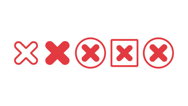  Set of red X marks in various styles including outlined solid circled and squared designs 