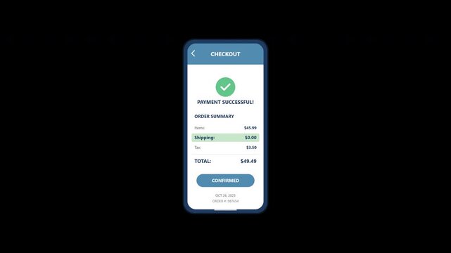 A high-end clean 2D flat motion graphic featuring a mobile checkout success screen on a transparent background, perfectly scaled to fit a 4K canvas without clipping, featuring sequenced UI entry anima