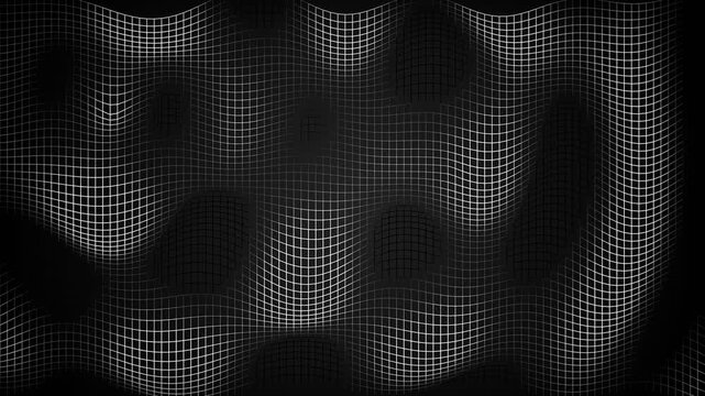 Abstract dark background with waving grid lines and futuristic geometric pattern in monochrome tones