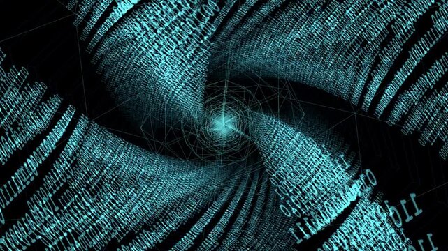 Cinematic 4K digital data tunnel with glowing blue binary code streams and geometric wireframe rings racing forward in seamless loop
