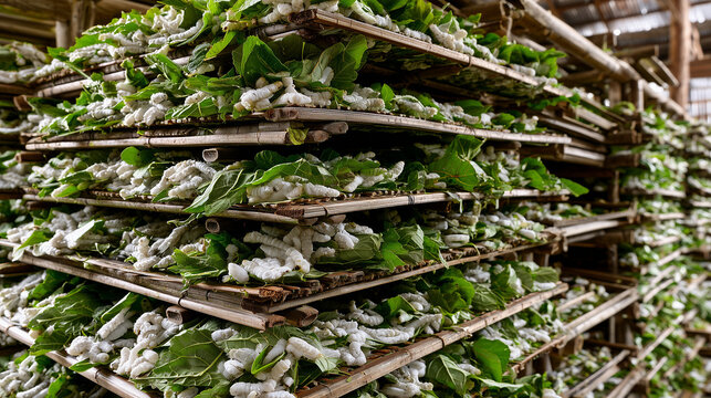 AI-generated images of a silkworm farm, showing a farmer feeding mulberry leaves to the silkworms.