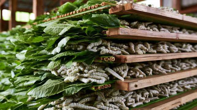 AI-generated images of a silkworm farm, showing a farmer feeding mulberry leaves to the silkworms.