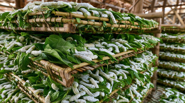 AI-generated images of a silkworm farm, showing a farmer feeding mulberry leaves to the silkworms.