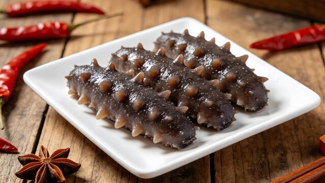Raw Sea Cucumbers on White Plate with Spices