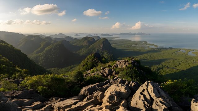 A panoramic view of the picturesque landscape in Ha Tien-Vietnam, a broad limestone plateau overlooking preserved coastal ecosystems where geological interpretation and conservation research encourage