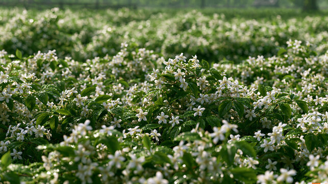 AI generator images of jasmine plant is in full bloom, covered with blossoms. Jasmine flowers are highly fragrant and are popularly used for making floral garlands and jasmine tea.