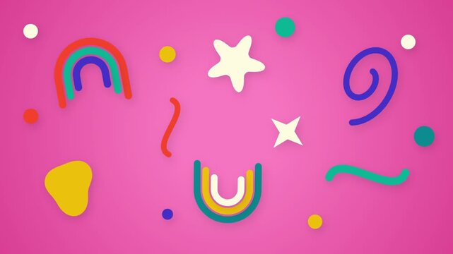 Playful flat vector background with colorful geometric shapes and icons on pink flat design rainbow arch star icon abstract patterns playful graphics
