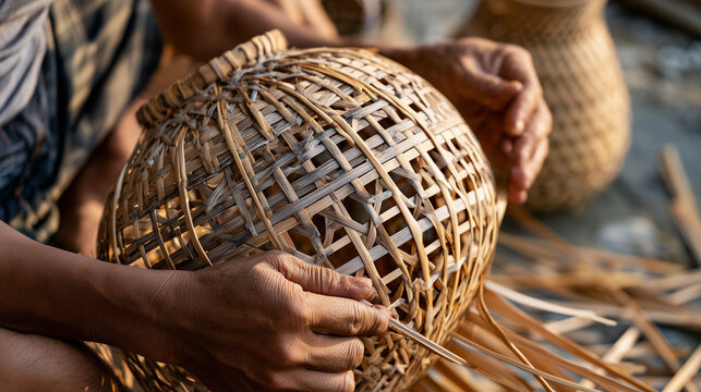 AI-generated images depicting the local way of life, showing community artisans weaving bamboo or rattan into functional containers like baskets and cylinders.