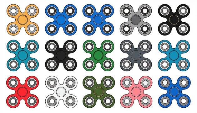Collection of diverse fidget spinners with colorful modern designs
