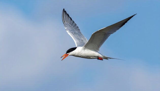 Elegant white Caspian tern flying with wings fully extended in natural sky