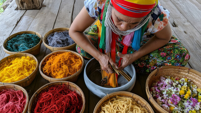 AI-generated images depicting a local community arranging and sorting naturally dyed silk threads by color, preparing them for drying and subsequent weaving.
