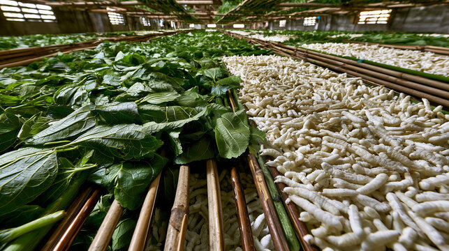 AI-generated images of a silkworm farm, showing a farmer feeding mulberry leaves to the silkworms.