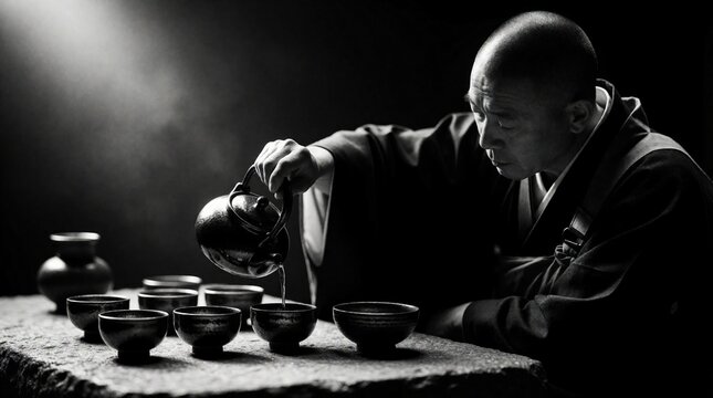 Monk in traditional robes pours matcha tea from a pot into small ceramic cups. Ceremony focuses on mindfulness, tradition, and quiet contemplation in a serene setting.
