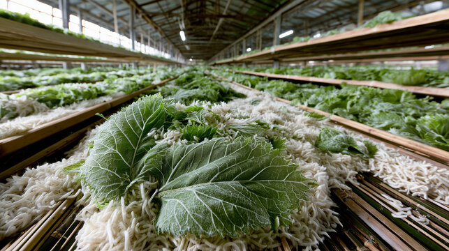 AI-generated images of a silkworm farm, showing a farmer feeding mulberry leaves to the silkworms.