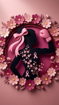 Breast cancer awareness concept featuring a strong woman silhouette with a pink boxing glove, cherry blossoms, and awareness ribbons in a detailed 3D paper cut art style.