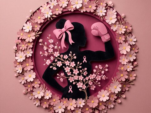 Breast cancer awareness concept featuring a strong woman silhouette with a pink boxing glove, cherry blossoms, and awareness ribbons in a detailed 3D paper cut art style.
