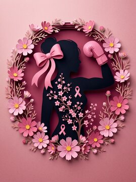 Breast cancer awareness concept featuring a strong woman silhouette with a pink boxing glove, cherry blossoms, and awareness ribbons in a detailed 3D paper cut art style.
