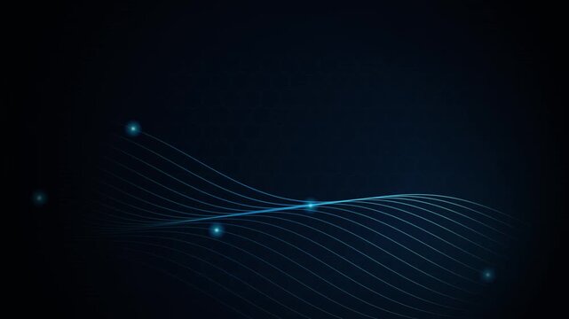 Abstract background with glowing blue wavy lines and digital honeycomb pattern