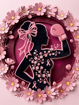 Breast cancer awareness concept featuring a strong woman silhouette with a pink boxing glove, cherry blossoms, and awareness ribbons in a detailed 3D paper cut art style.