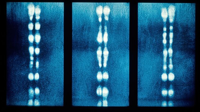 Fluorescent Chromosome Banding Pattern Microscopy Triptych Blue Detail