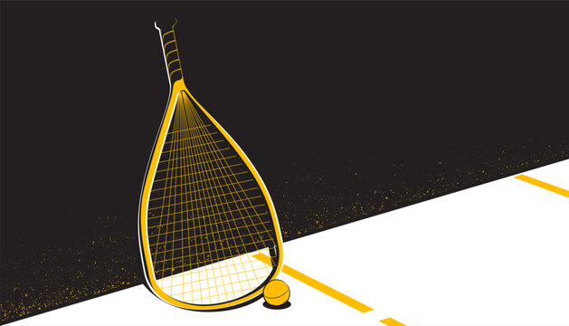 A racquetball bat and ball on court. Sport background
