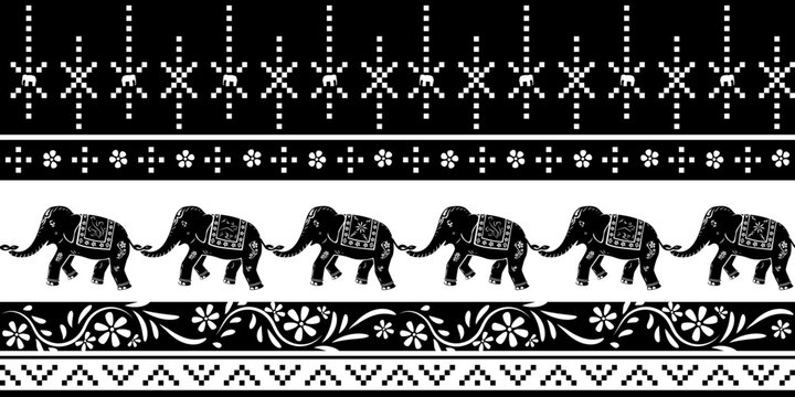 Thai elephant black and white seamless pattern design for clothing, fabric, fashion industry
