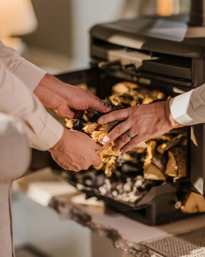 Hands of a man placing kindling into a wood stove, weathered skin and a simple ring in a cozy living room for home and energy brands