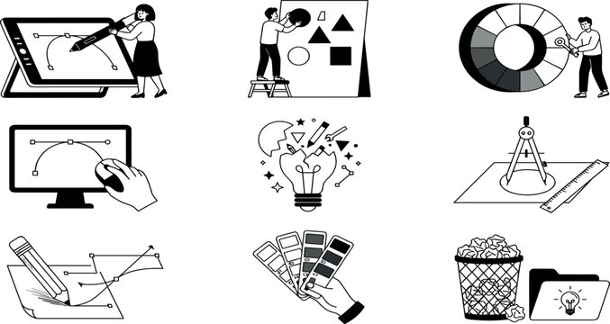 Graphic design creative process concept illustrations vector set of digital drawing tablets color wheels vector curves and brand styling tools