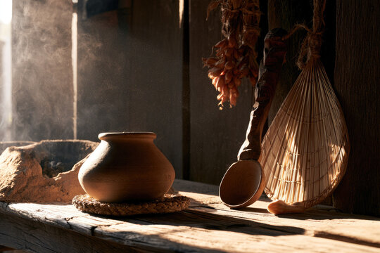 Traditional rural kitchen hearth with earthenware pot, woven trivet, dried garlic, shallot, spoon, fan, smoke and warm sunlight