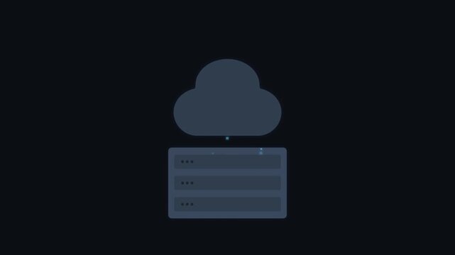 Minimalist cloud computing motion graphic showing data particles falling from a cloud icon onto a server rack with blinking blue lights.