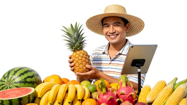 Smiling Farmer Holding Pineapple with Tablet and Fresh Produce